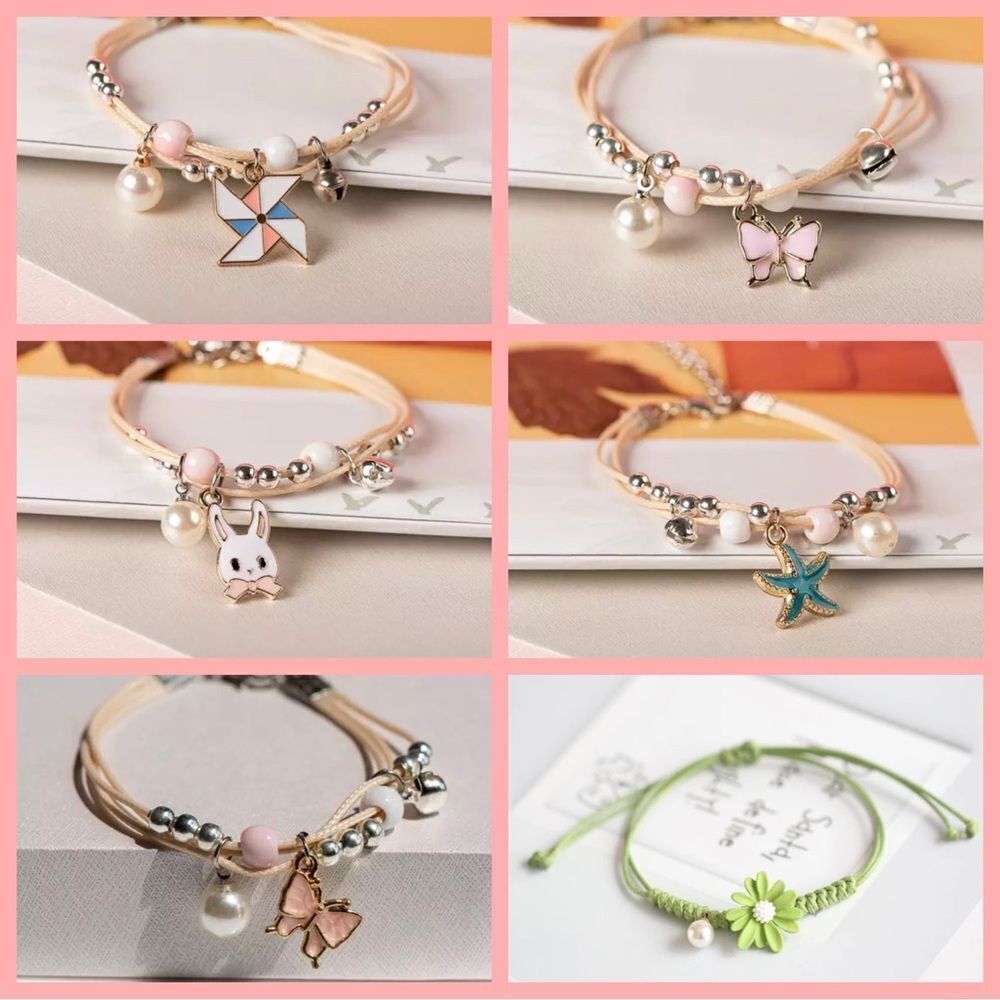2 ADJUSTABLE BEADED, GLAZED CHARM, CORDED BRACELETS‎